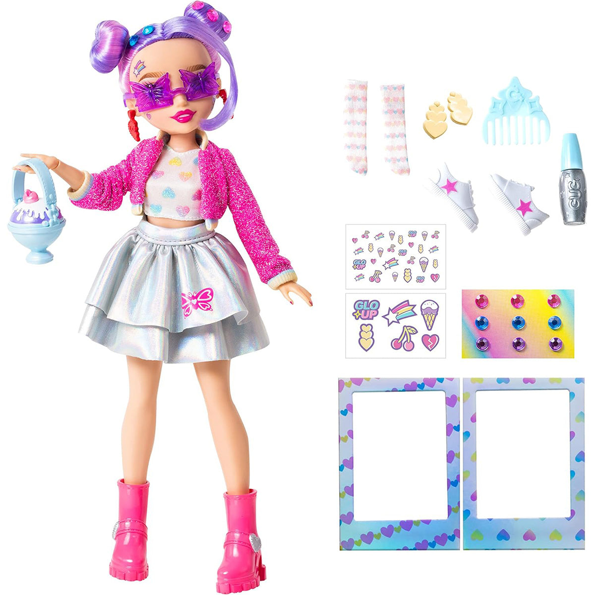 Far Out Toys GLO-UP Girls Sadie Fashionista Fashion Doll with stylish outfit, pink boots, and accessories including stickers, hair gems, and nail polish.