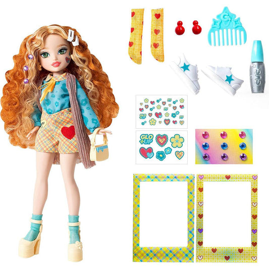 Far Out Toys GLO-UP Girls Rose Redhead Fashion Doll with curly red hair, stylish outfit, and accessories including shoes, socks, and stickers.