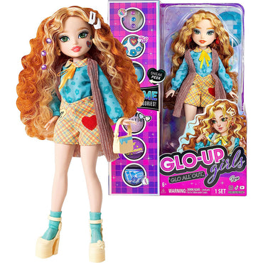 Far Out Toys GLO-UP Girls Rose Redhead Fashion Doll in packaging, featuring trendy fashion, accessories, and transformation elements for creative play.