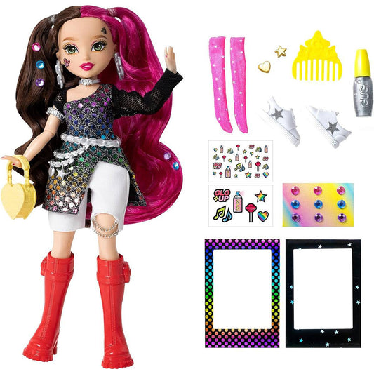 Far Out Toys GLO-UP Girls Erin Alternative Girl Fashion Doll with edgy outfit, red boots, and accessories including stickers, hair gems, and makeup.