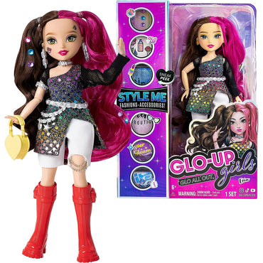 GLO-UP Girls Erin Alternative Fashion Doll in packaging with stylish outfit, accessories, and transformation features for creative styling.