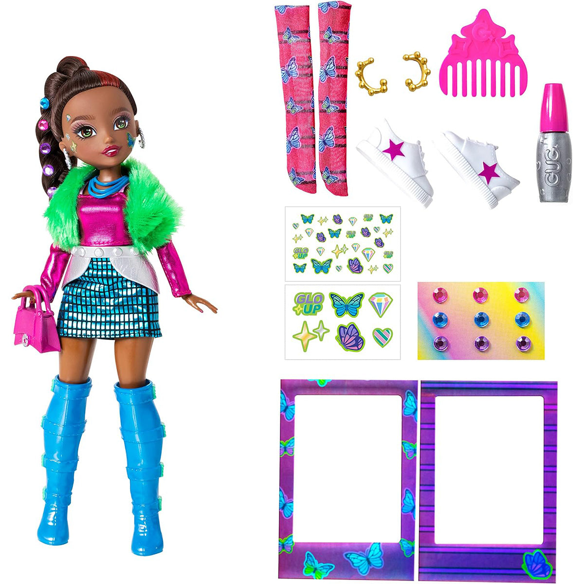 GLO-UP Girls Kenzie African American fashion doll with stylish outfit, blue boots, and accessories including stickers, shoes, and makeup.