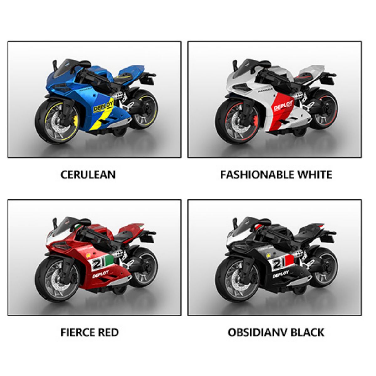 Four color variants of the alloy diecast motorcycle model: cerulean, fashionable white, fierce red, and obsidian black.