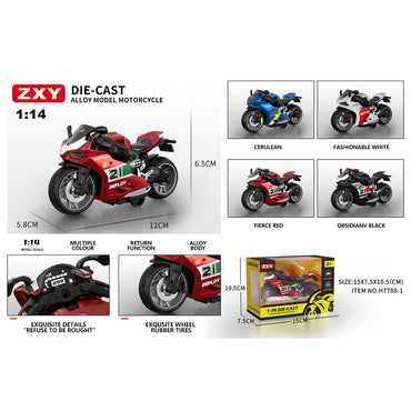 ZXY diecast alloy motorcycle model in multiple colors, including cerulean, white, red, and black, with a 1:14 scale and rubber tires.