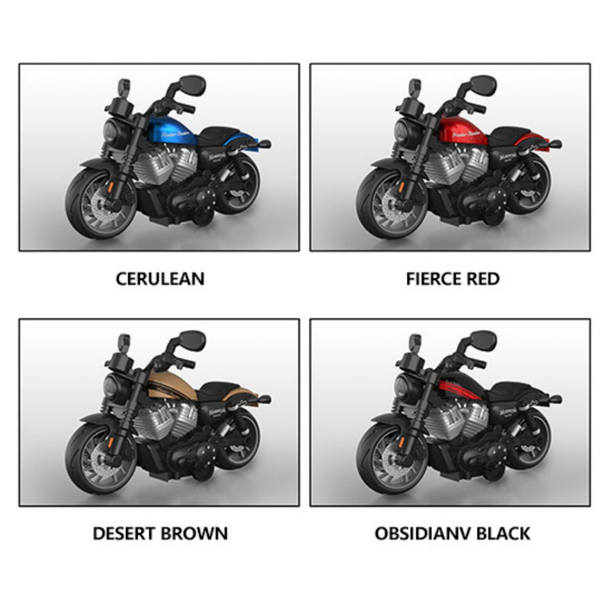 Four color variants of the alloy diecast motorcycle model: cerulean, fierce red, desert brown, and obsidian black.