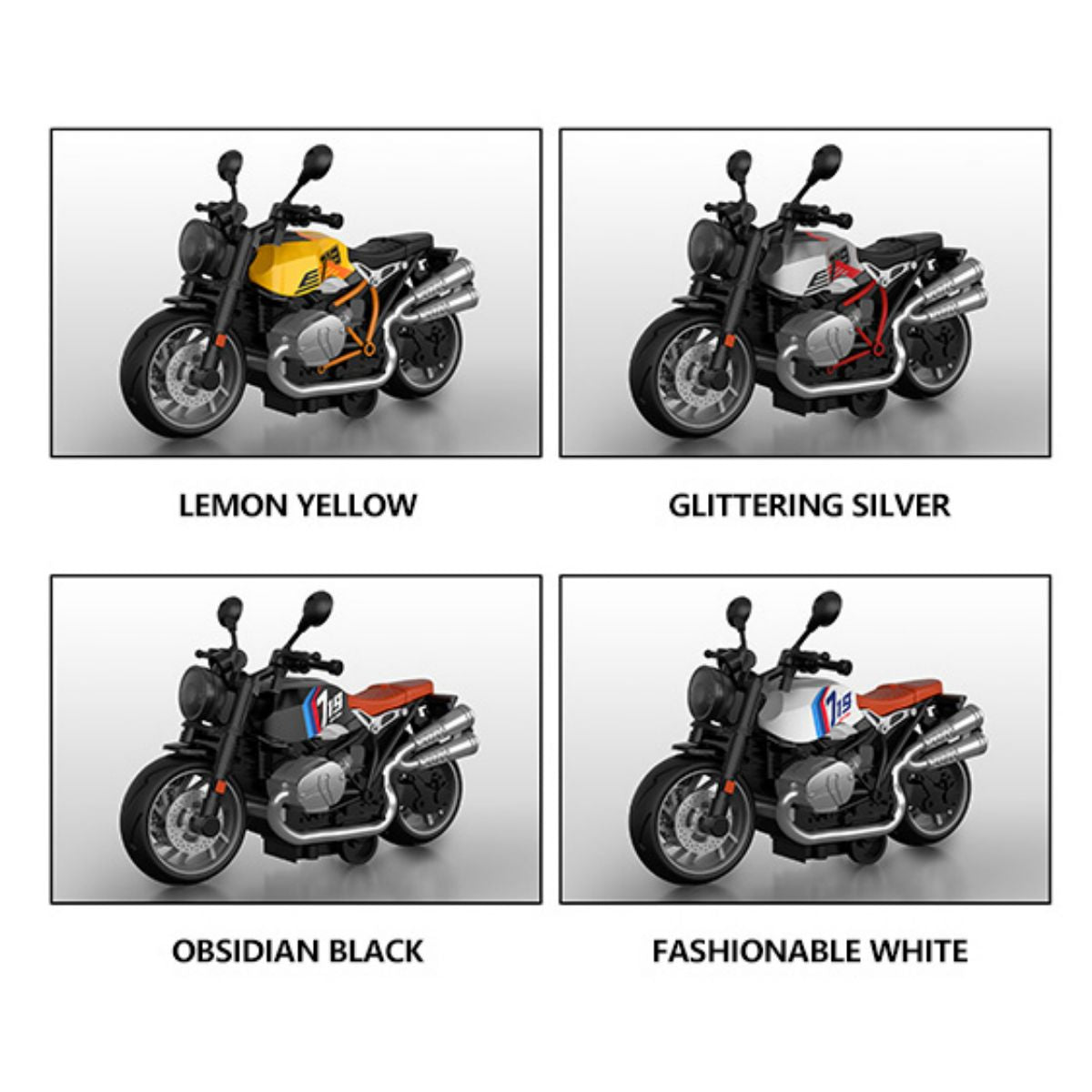 Four color variants of the alloy diecast motorcycle model: lemon yellow, glittering silver, obsidian black, and fashionable white.