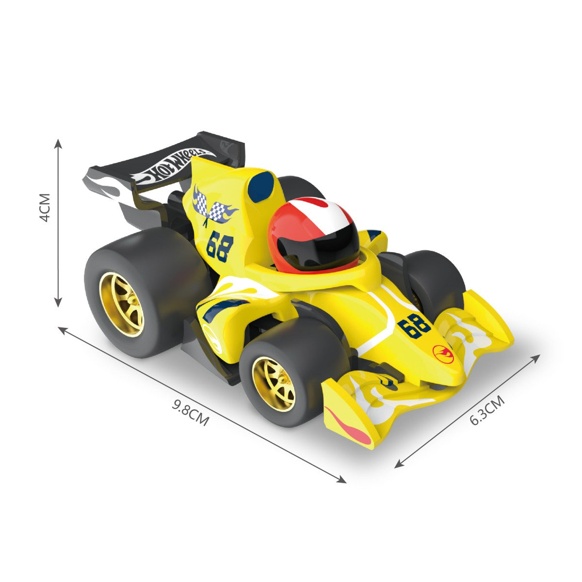 Yellow Hot Wheels Friction Powered F1 Pull Back Racing Car with race-themed design, measuring 9.8cm x 6.3cm x 4cm.