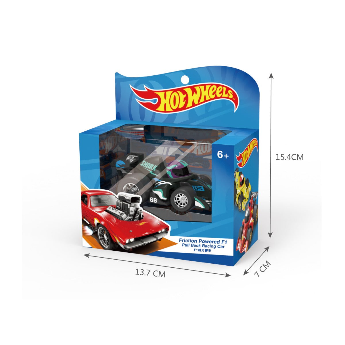 Hot Wheels Friction Powered F1 Pull Back Racing Car in black, packaged in a branded box with dimensions of 13.7cm x 7cm x 15.4cm.