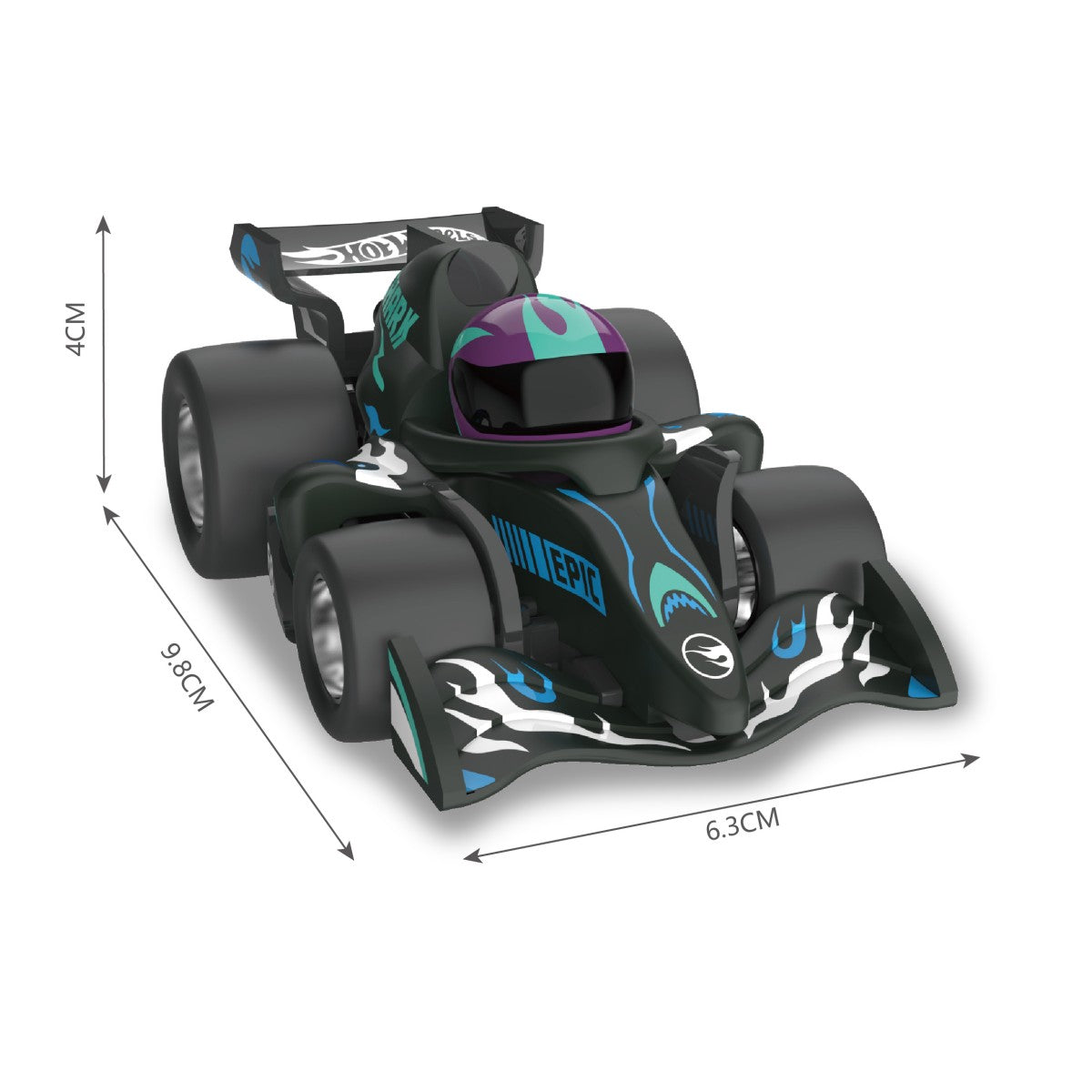 Black Hot Wheels Friction Powered F1 Pull Back Racing Car with shark-themed design, compact dimensions of 9.8cm x 6.3cm x 4cm.