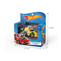 Yellow Hot Wheels Friction Powered F1 Pull Back Racing Car packaged in a branded box with dimensions of 13.7cm x 7cm x 15.4cm.