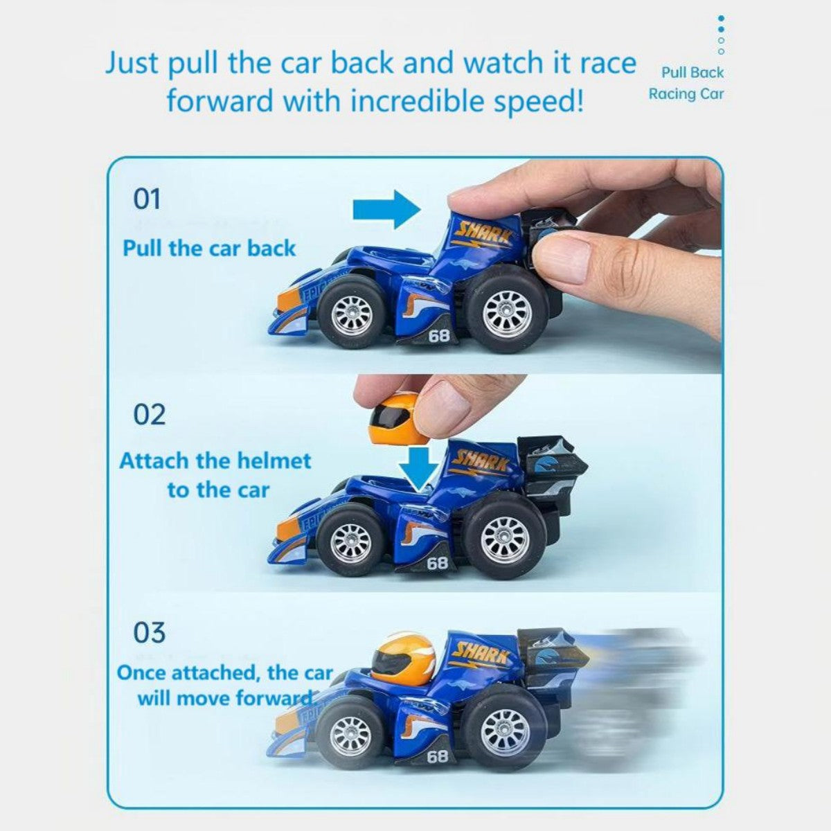 Step-by-step guide for using the Hot Wheels Friction Powered F1 Pull Back Racing Car, including helmet attachment and pull-back mechanism.