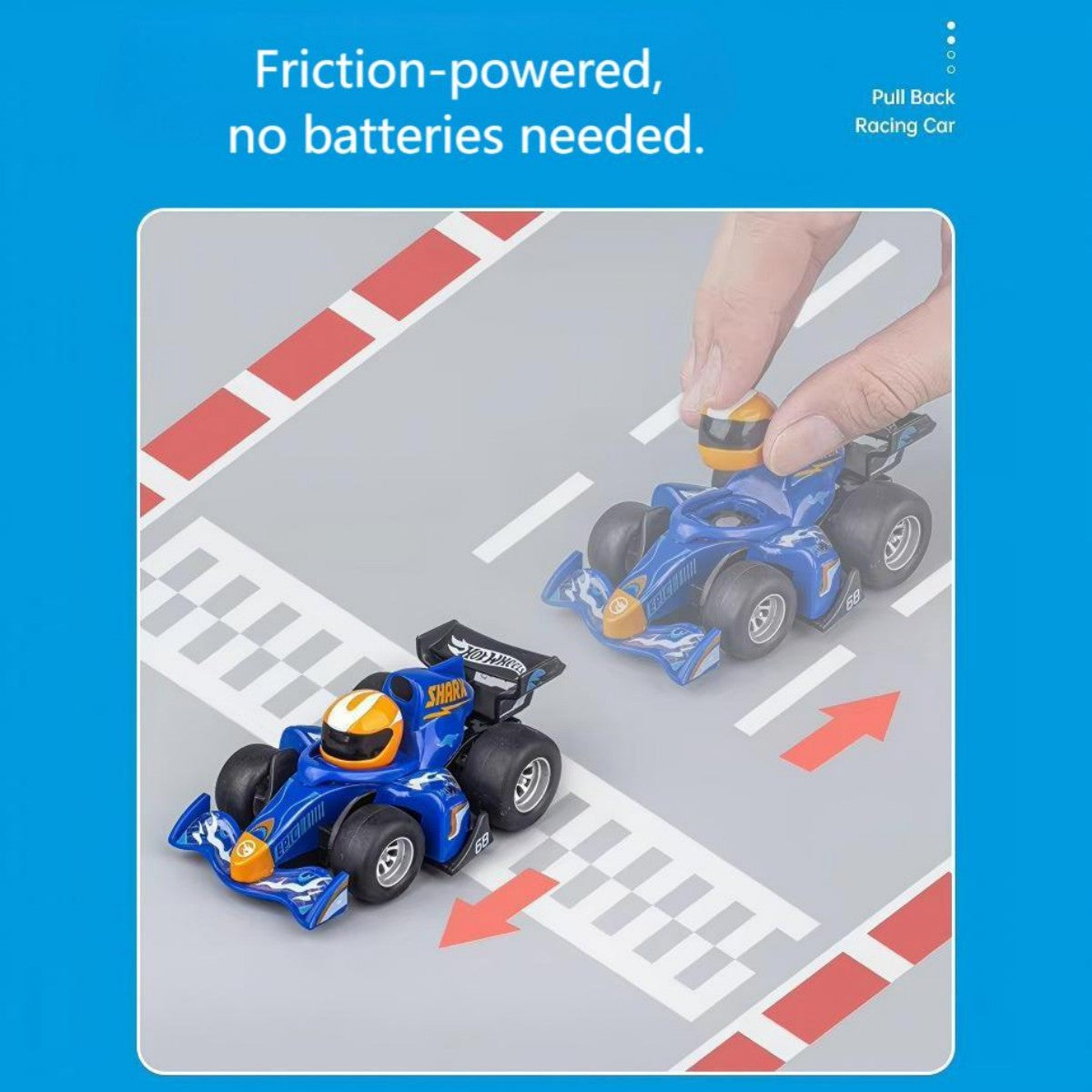 Blue Hot Wheels Friction Powered F1 Pull Back Racing Car in action, showcasing friction-powered movement with no batteries required.