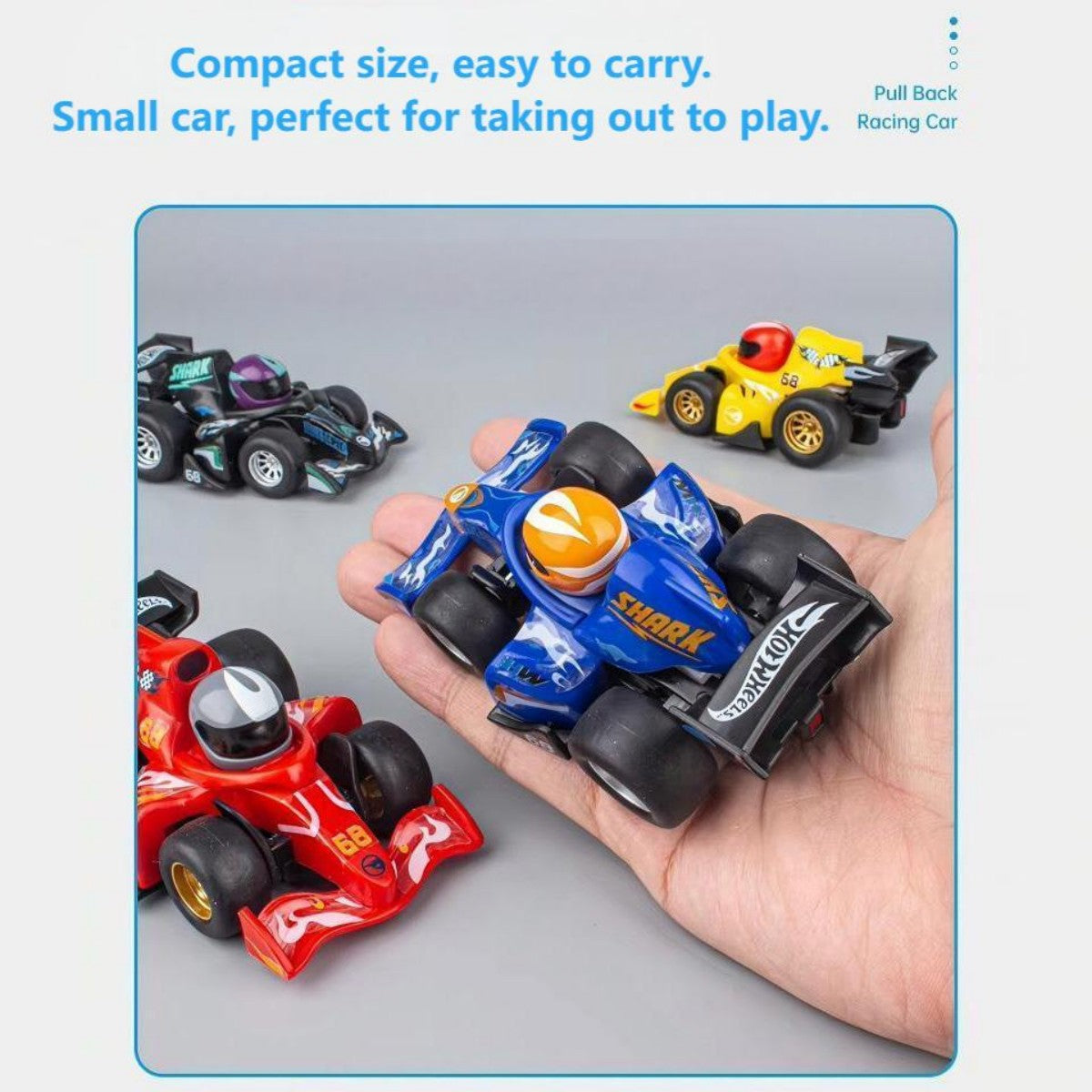 Compact-sized Hot Wheels Friction Powered F1 Pull Back Racing Cars in various colors, fitting easily in hand for portable play.