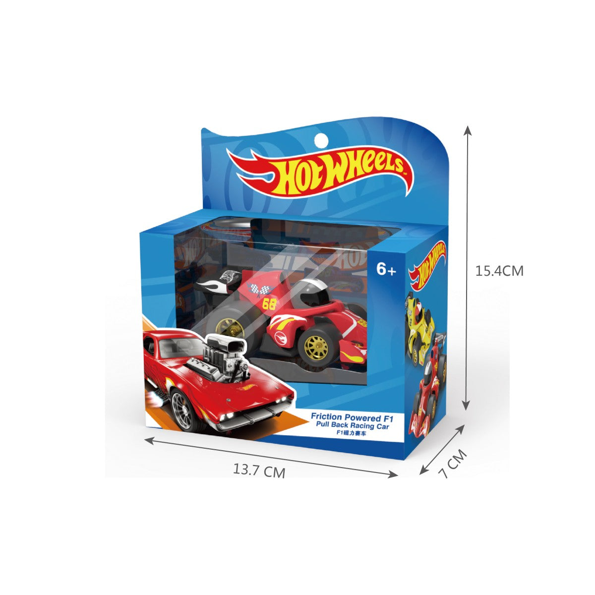 Red Hot Wheels Friction Powered F1 Pull Back Racing Car packaged in a branded box with dimensions of 13.7cm x 7cm x 15.4cm.