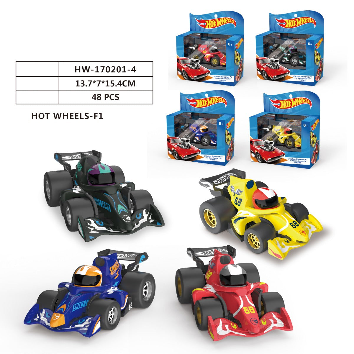 Set of four Hot Wheels Friction Powered F1 Pull Back Racing Cars in black, yellow, red, and blue, displayed with packaging dimensions.