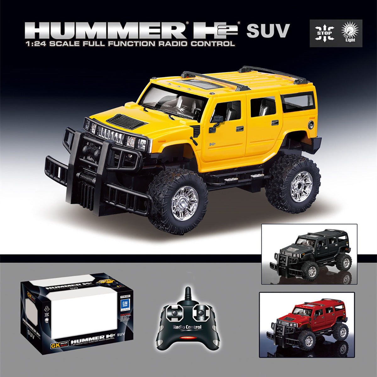 K&T 1:24 Full Function Remote Control Car(Random Color) featuring a yellow Hummer H2 SUV with rugged tires and remote control, ideal for off-road play.