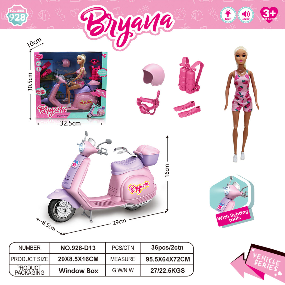 Bryana pink scooter and doll playset with accessories and lighting tools. Comes with a stylish doll, helmet, and backpack for exciting role-play fun.