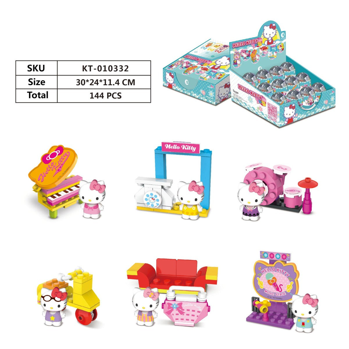 Hello Kitty Music Party Capsule Toys KT-010332 display box with 144 pieces, featuring six collectible toy designs and vibrant packaging.