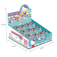 Hello Kitty Music Party Capsule Toys KT-010332 retail display box with 12 teal blind boxes, each containing a surprise toy set.