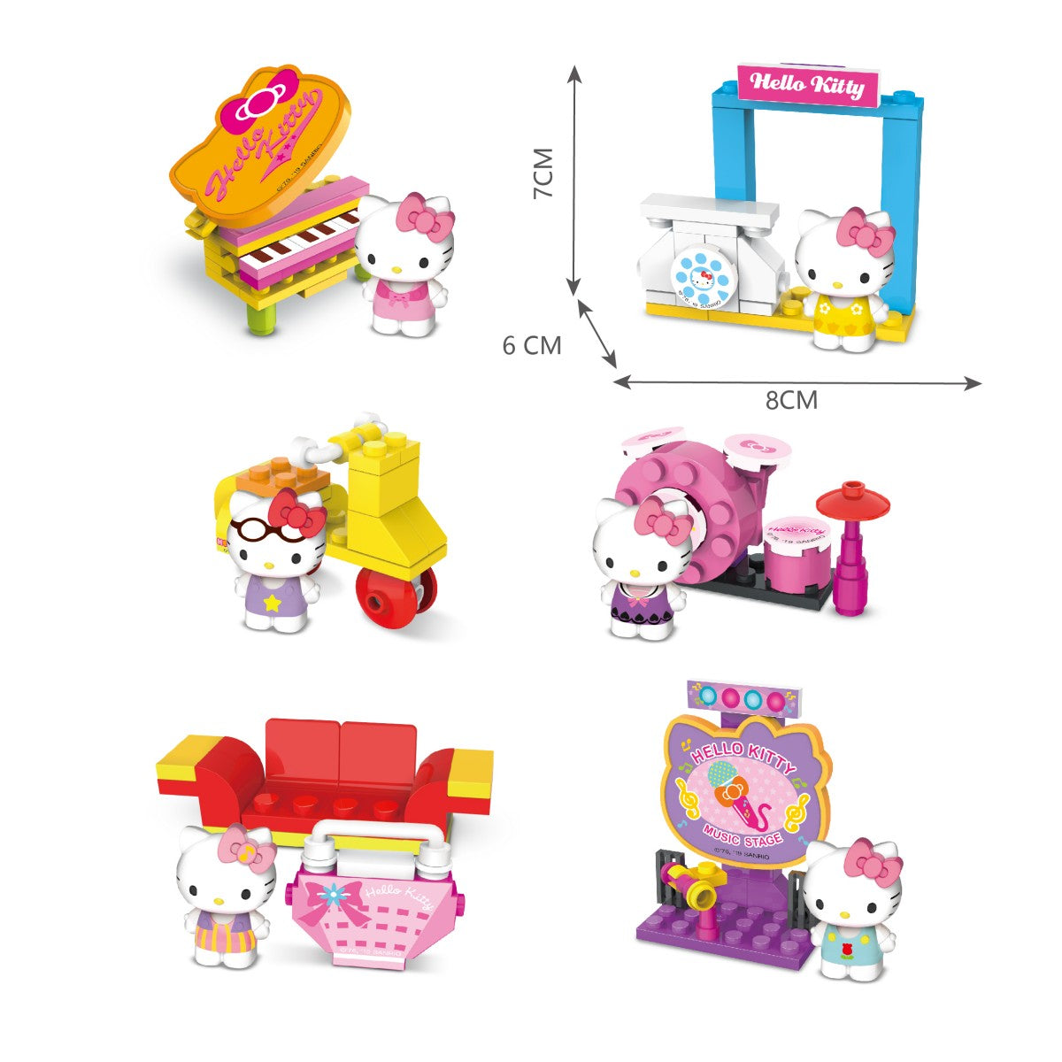 Hello Kitty Music Party Capsule Toys KT-010332 featuring six colorful building toy sets, including a piano, food stall, scooter, and more.