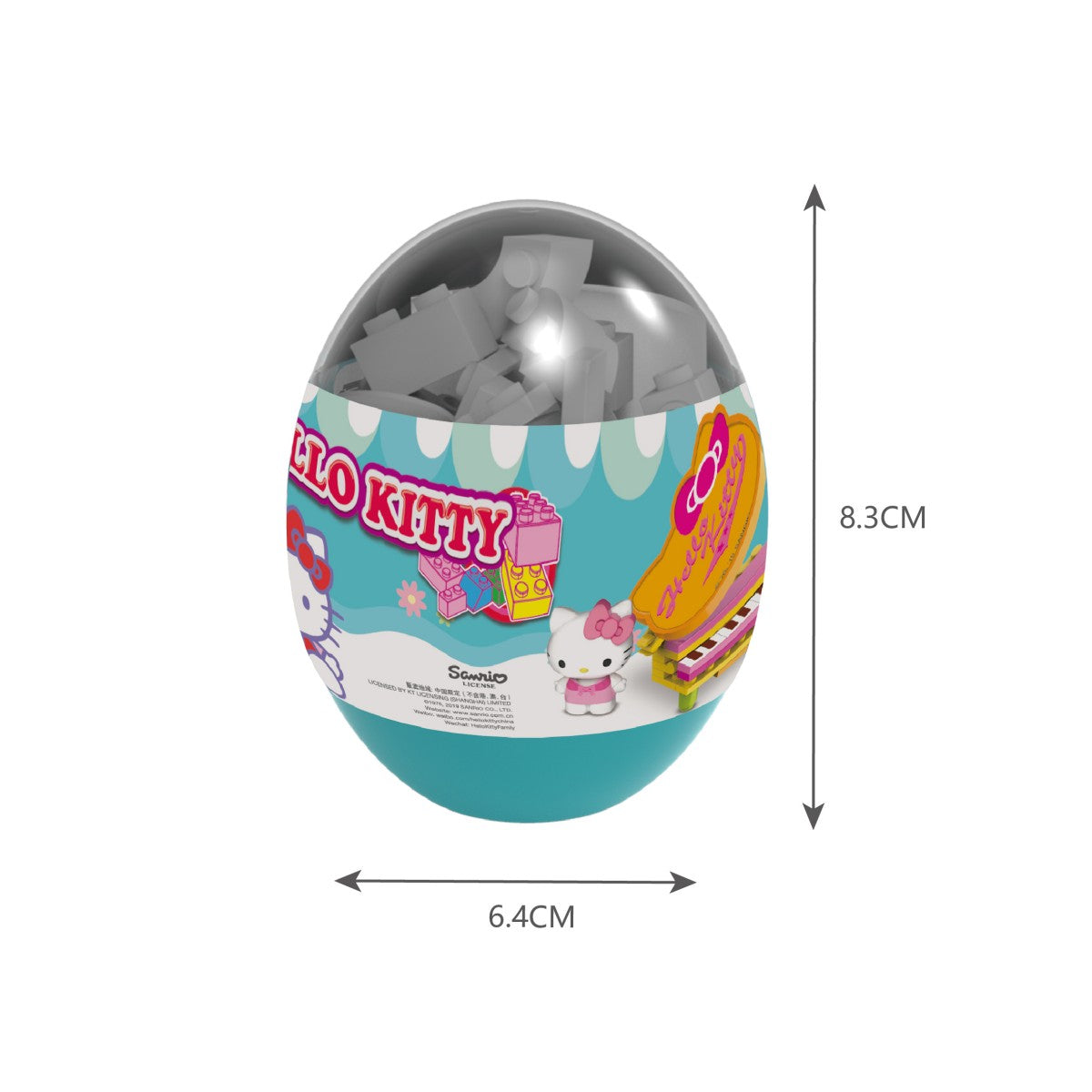 Hello Kitty Music Party Capsule Toy KT-010332 in a teal egg-shaped blind box with 8.3 cm height and 6.4 cm width, showcasing toy designs.