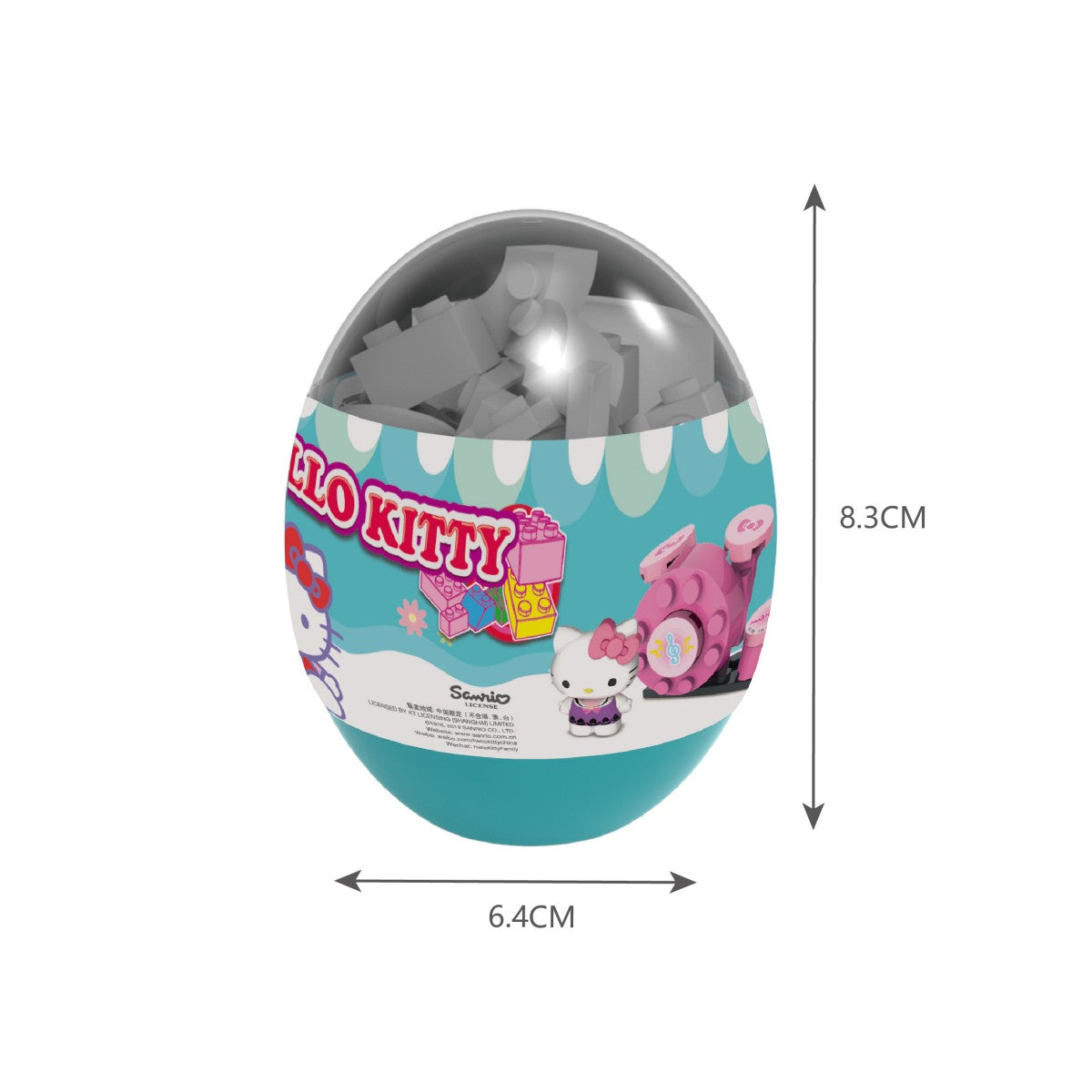 Hello Kitty Music Party Capsule Toy KT-010332 teal blind box with a piano design, measuring 8.3 cm in height and 6.4 cm in width.