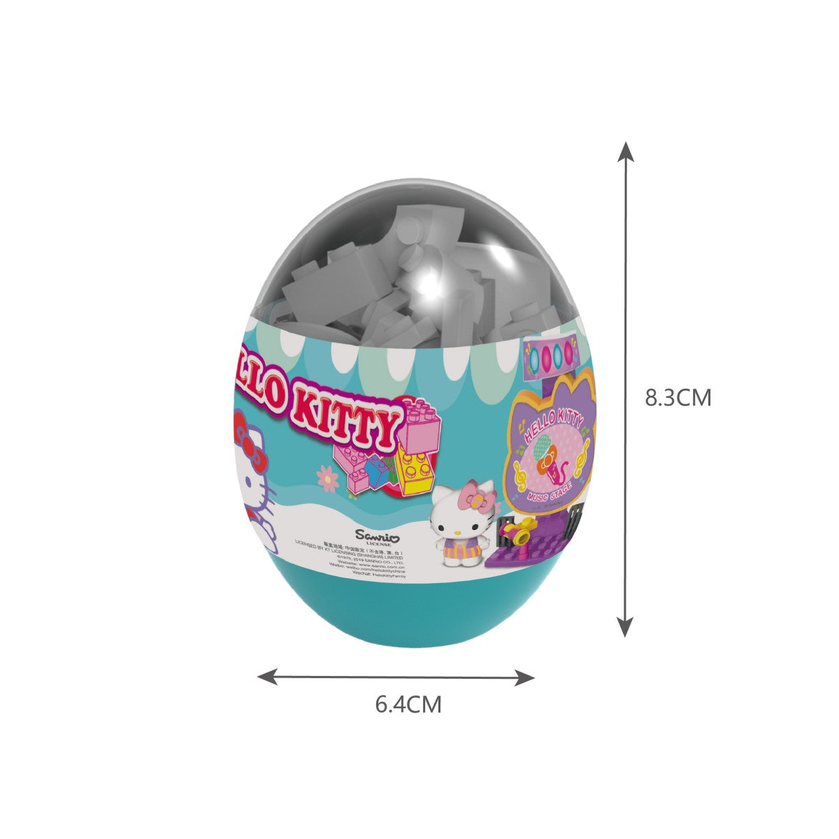 Hello Kitty Music Party Capsule Toy KT-010332 teal blind box featuring a toy set with a music stage design, 8.3 cm tall and 6.4 cm wide.