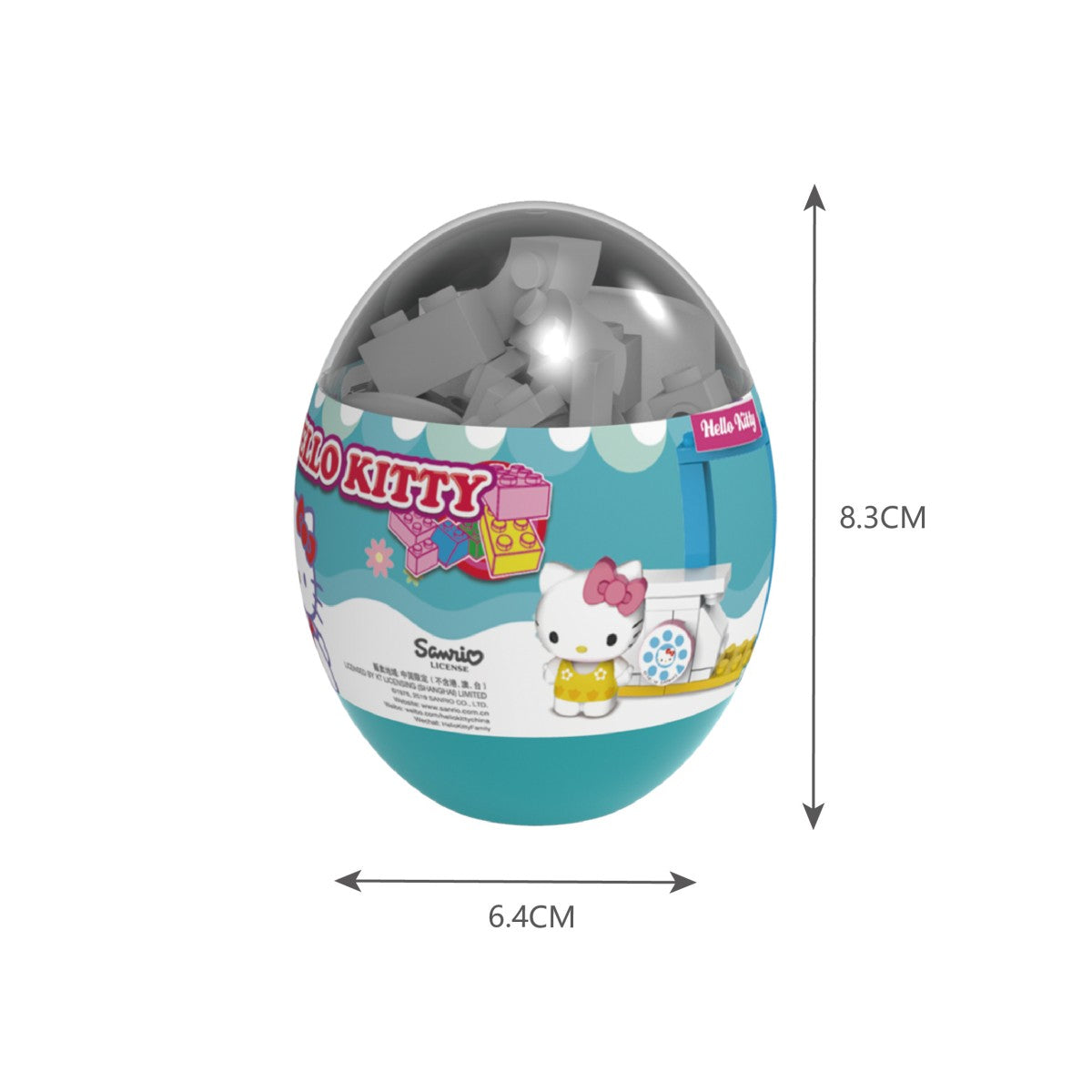 Hello Kitty Music Party Capsule Toy KT-010332 teal blind box with a food stall design, measuring 8.3 cm in height and 6.4 cm in width.