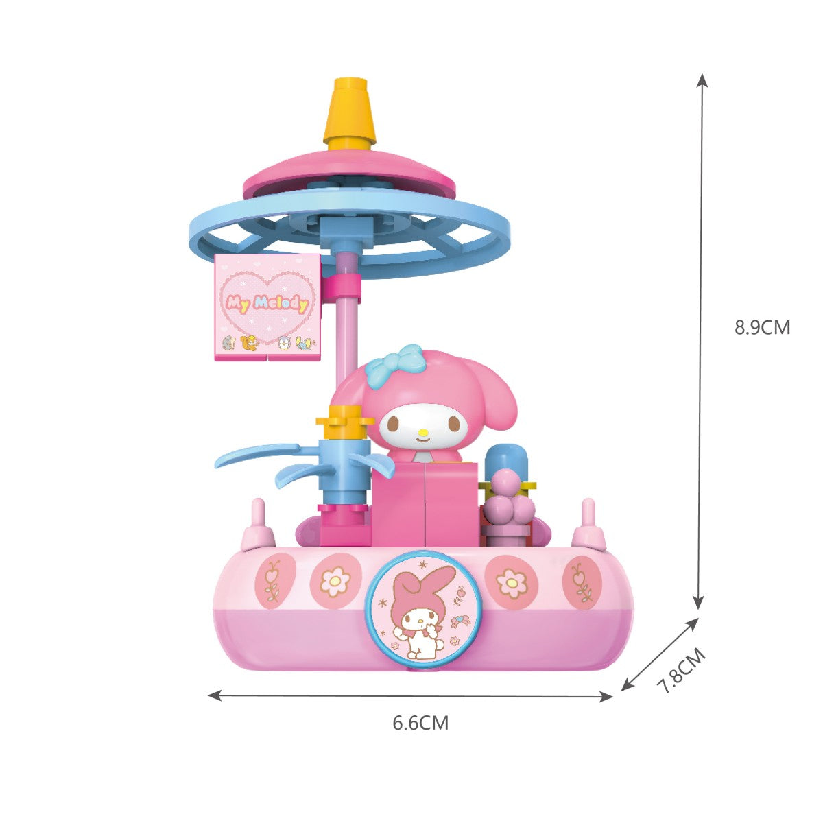 My Melody-themed Sanrio Family Sail Adventure building block set with a carousel design, measuring 8.9cm in height. Perfect for kids 8+.