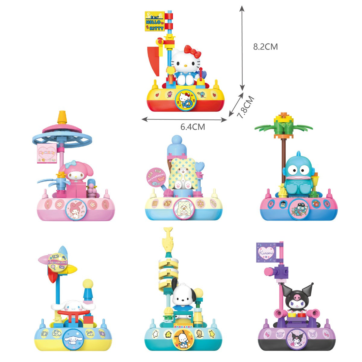 Six Sanrio Family Sail Adventure building block sets featuring Hello Kitty, Cinnamoroll, and more. Each set measures approximately 8.2cm in height.