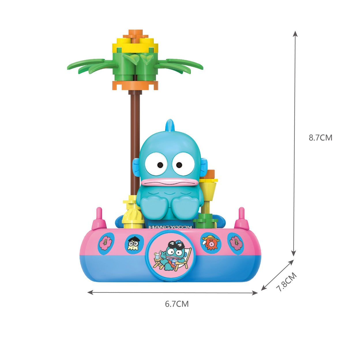 Hangyodon-themed Sanrio Family Sail Adventure building block set with palm tree detail, measuring 8.7cm in height. Fun for building enthusiasts.