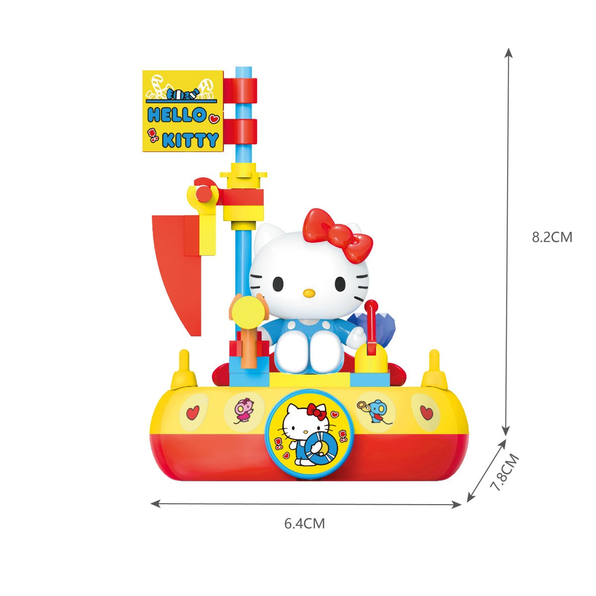 Hello Kitty-themed Sanrio Family Sail Adventure building block set with a red sail, measuring 8.2cm in height. Perfect for collectors.