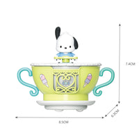 Yellow teacup from Sanrio Blind Box Rotation Cup Series KT-010640 with a dog character on top, measuring 8.5x6.3x7.4 cm.