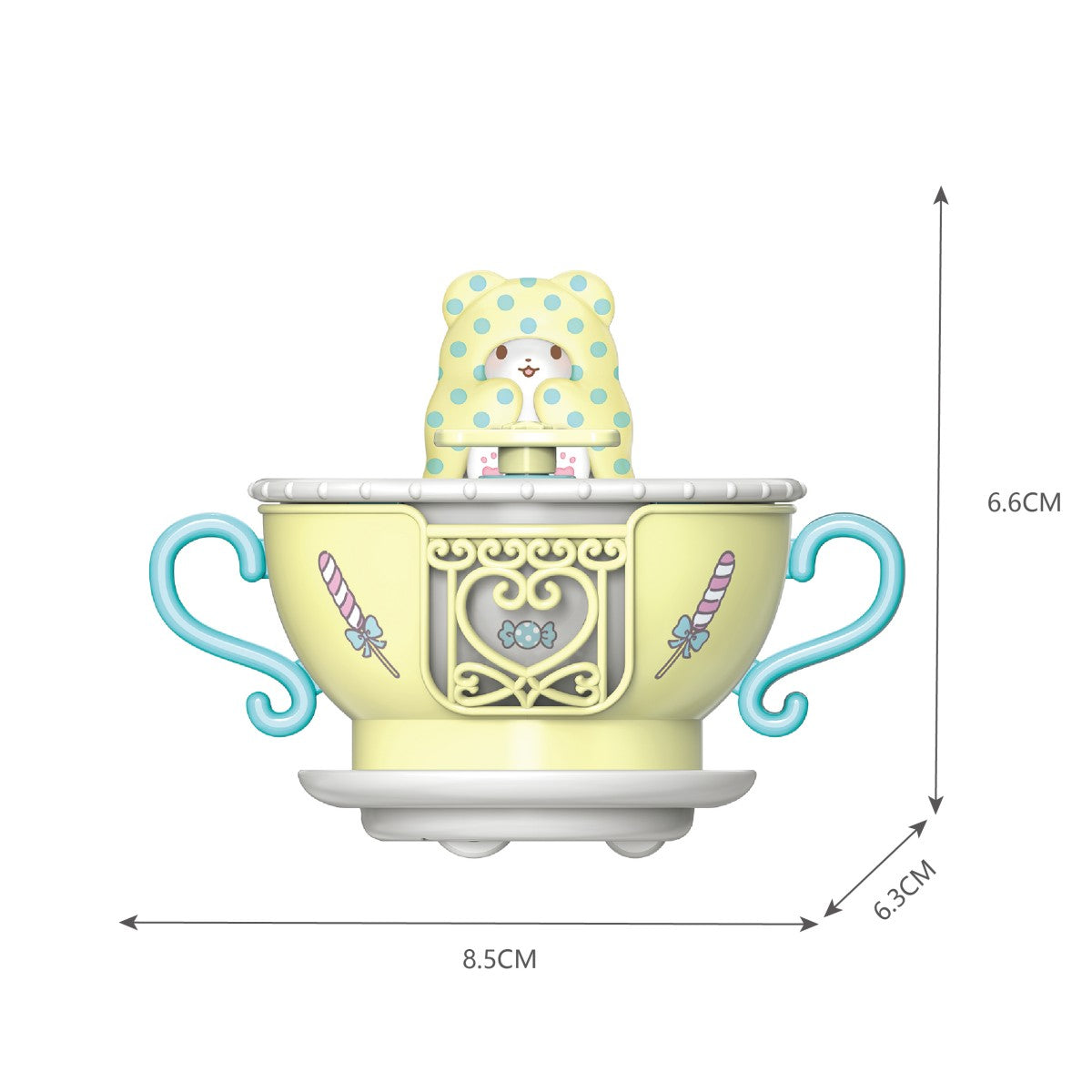 Yellow teacup with polka dots from Sanrio Blind Box Rotation Cup Series KT-010640 featuring a bear character, measuring 8.5x6.3x6.6 cm.