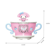 Pink teacup from Sanrio Blind Box Rotation Cup Series KT-010640 with My Melody character on top, measuring 8.5x6.3x6.6 cm.