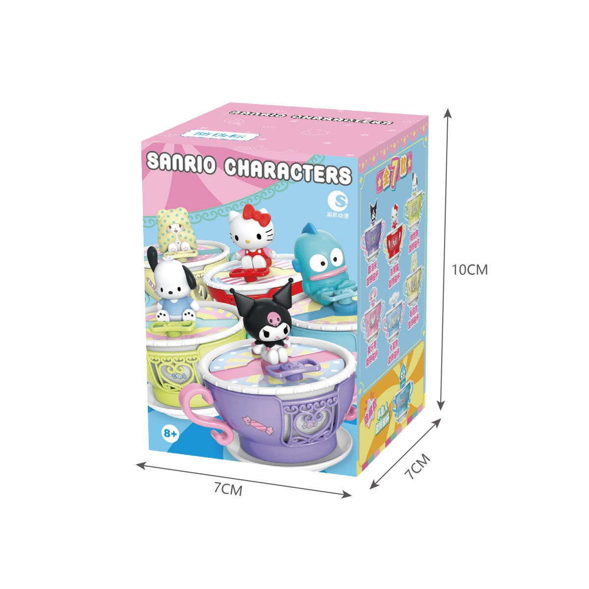 Sanrio Blind Box packaging showcasing various collectible teacup designs with Sanrio characters, dimensions 7x7x10 cm.