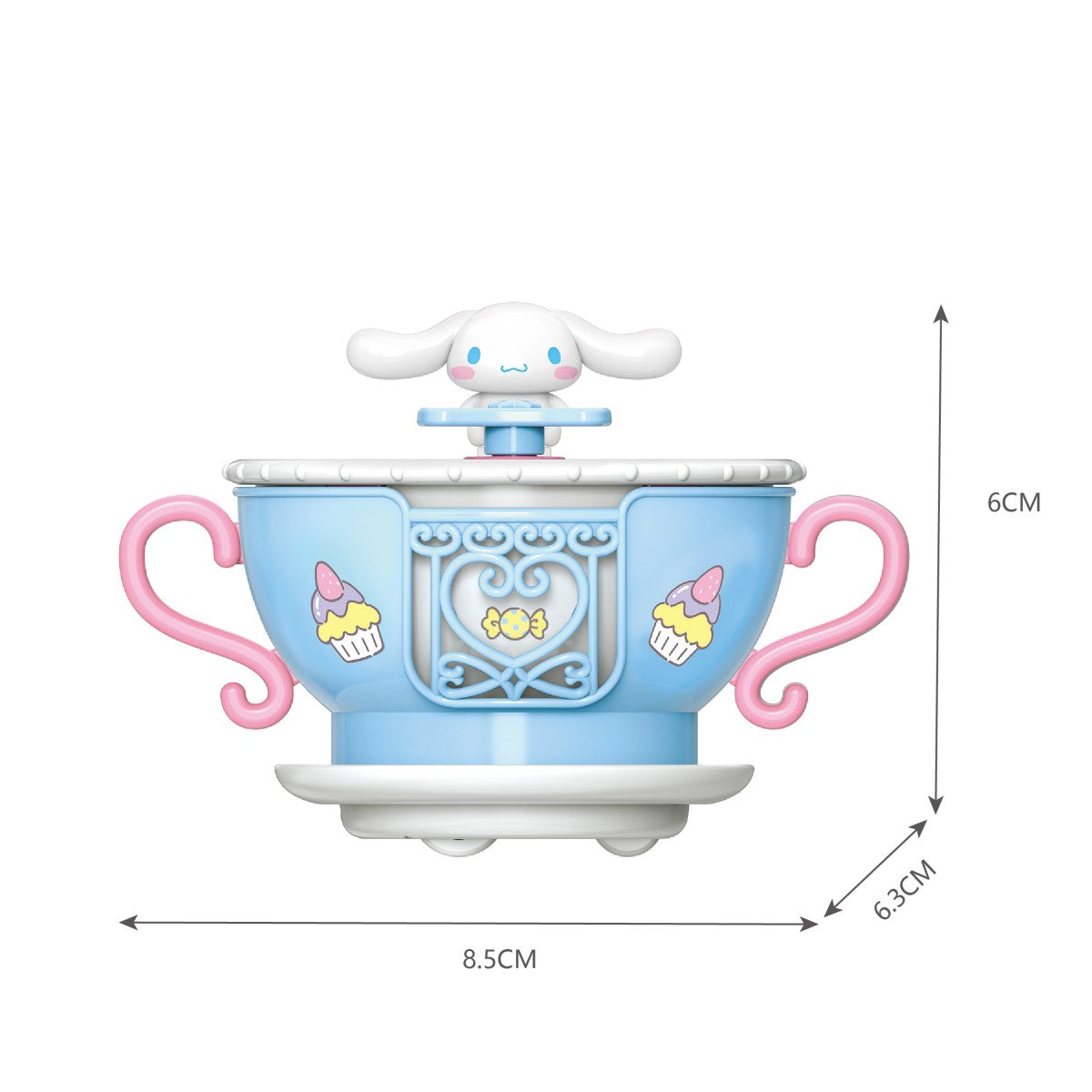 Light blue teacup from Sanrio Blind Box Rotation Cup Series KT-010640 with Cinnamoroll character, measuring 8.5x6.3x6 cm.