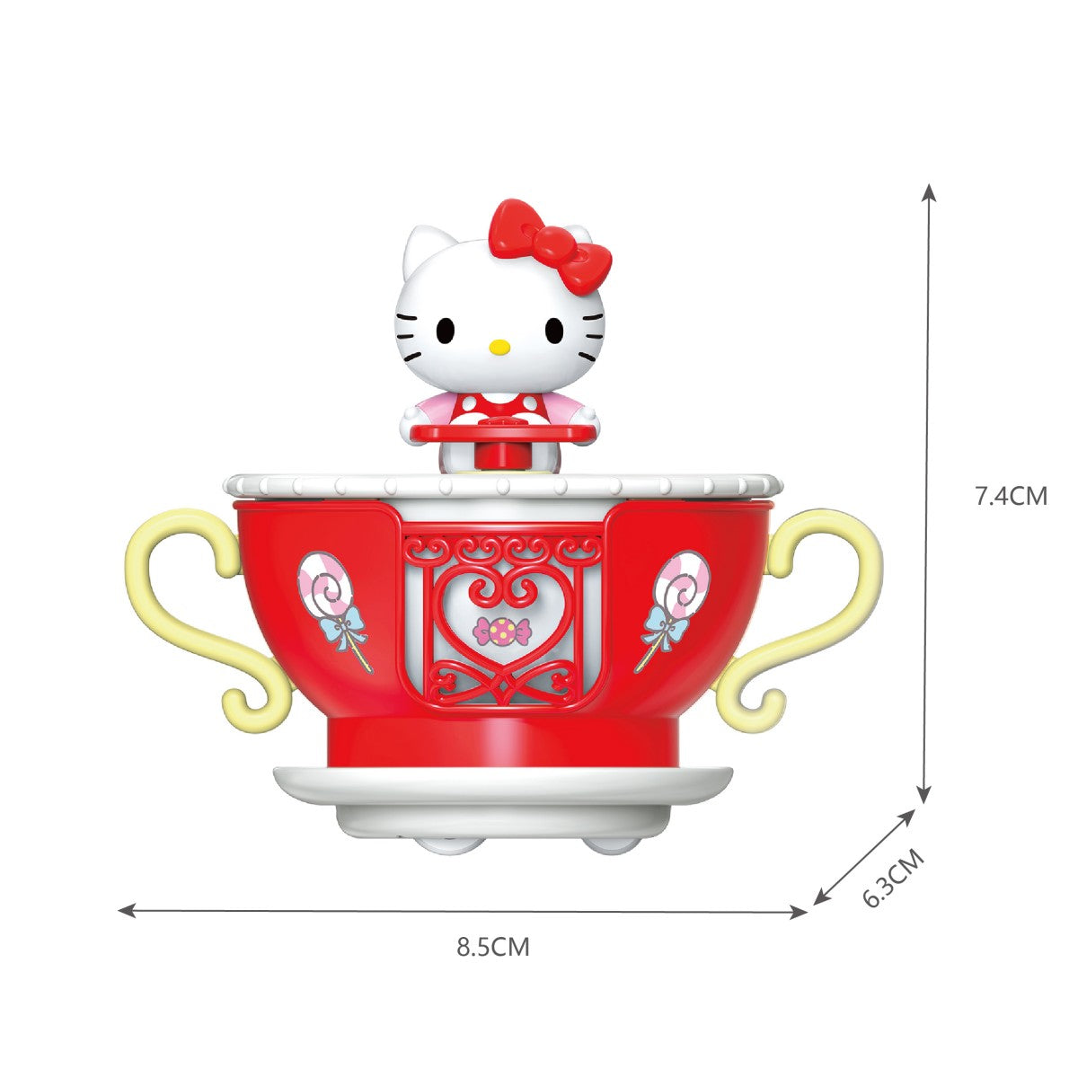 Red teacup from Sanrio Blind Box Rotation Cup Series KT-010640 featuring Hello Kitty on top, measuring 8.5x6.3x7.4 cm.