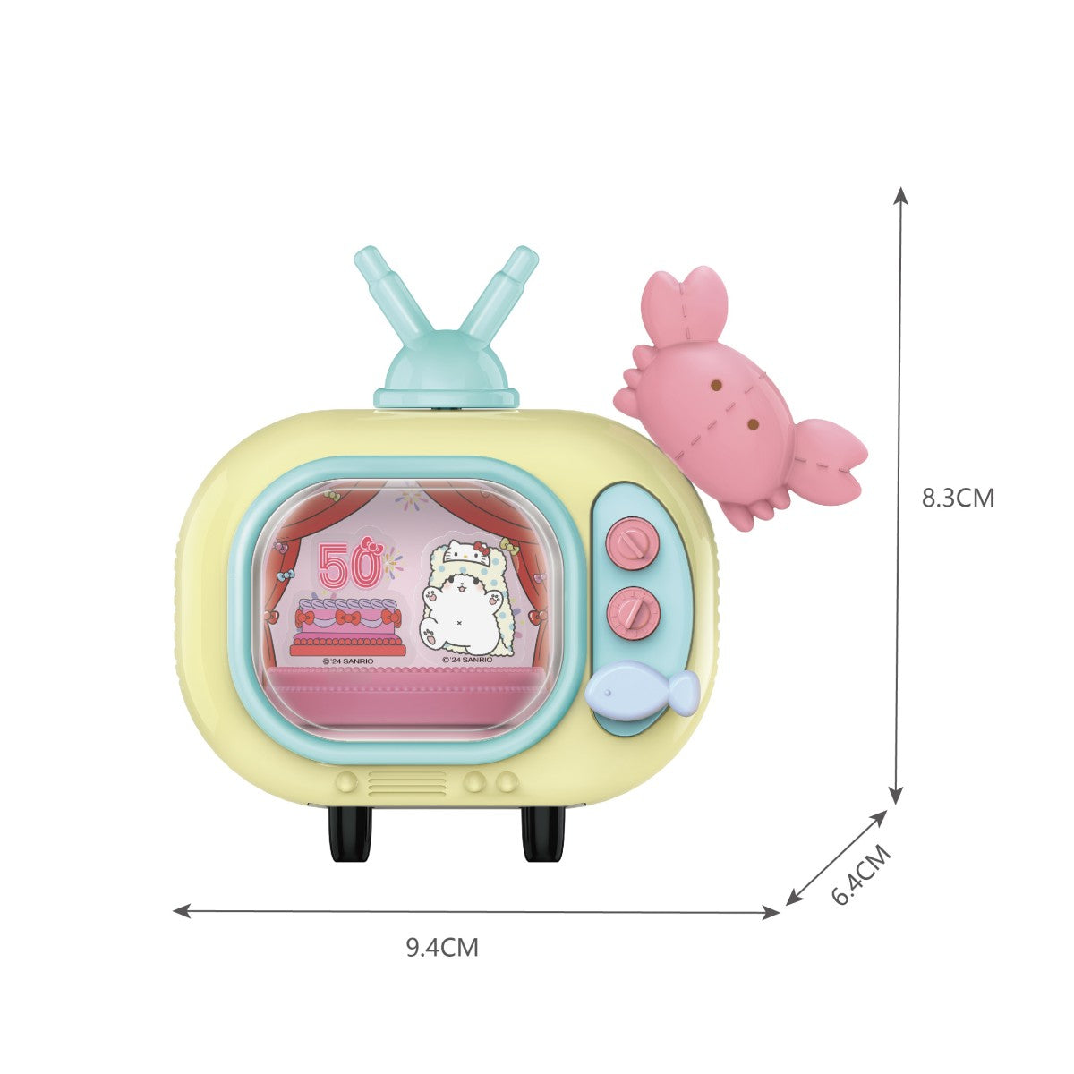 Yellow Sanrio Blind Box Hello Kitty 50th Anniversary handheld TV toy with a crab character and detailed dimensions.