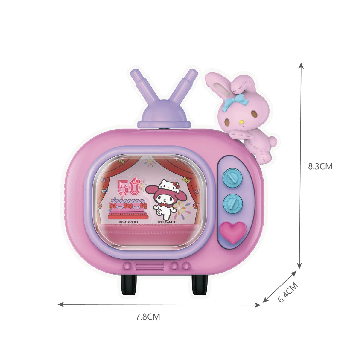 Lavender Sanrio Blind Box Hello Kitty 50th Anniversary handheld TV toy featuring a bunny character and detailed dimensions.