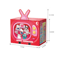 Sanrio Blind Box Hello Kitty 50th Anniversary packaging displaying red TV-shaped box with character illustrations and dimensions.