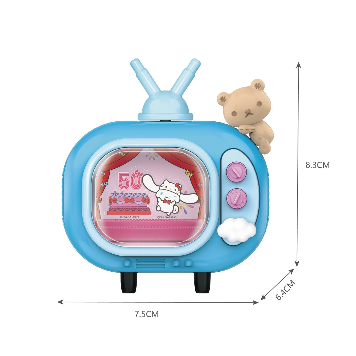 Light blue Sanrio Blind Box Hello Kitty 50th Anniversary handheld TV toy with a bear character and detailed dimensions.