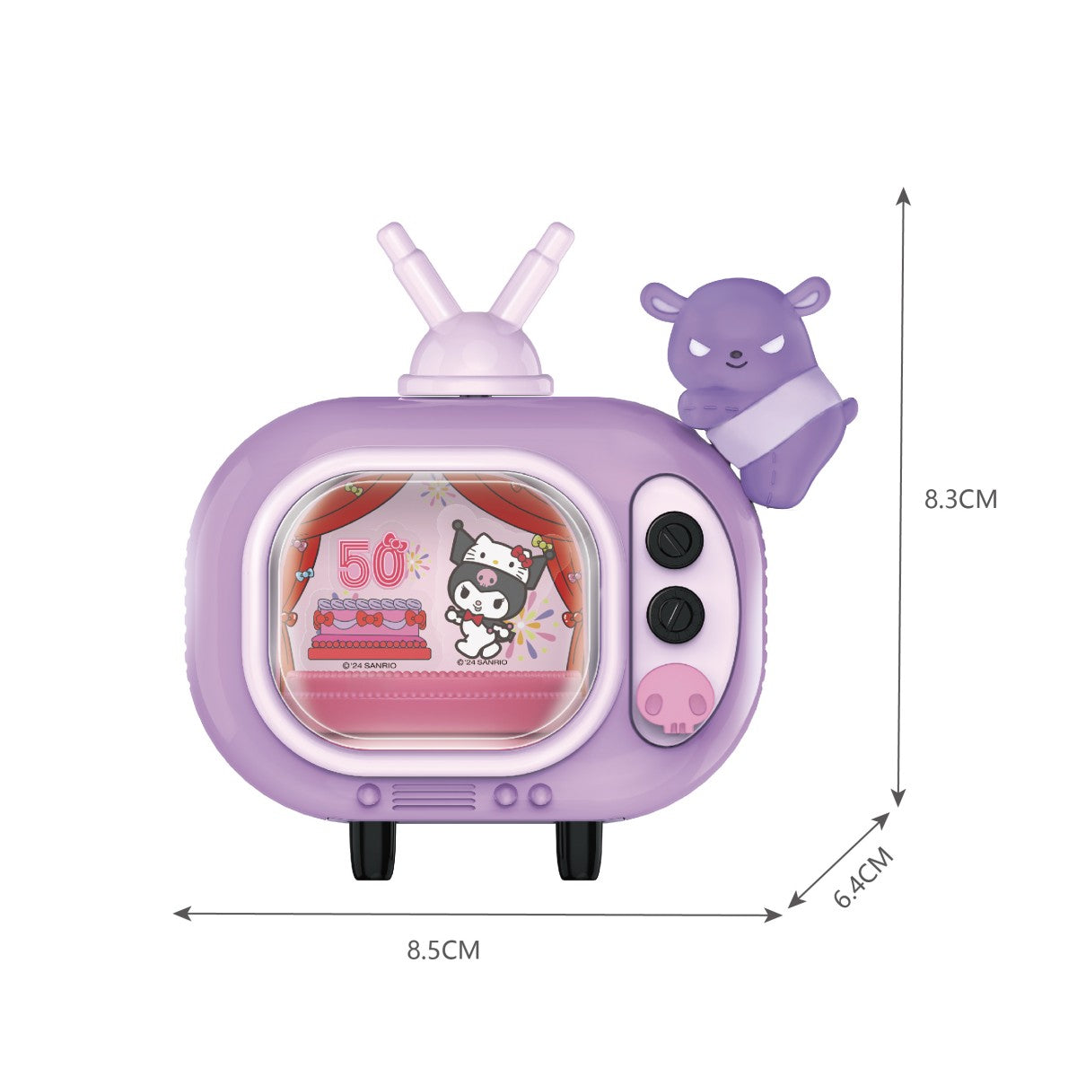 Purple Sanrio Blind Box Hello Kitty 50th Anniversary handheld TV toy with a character and a purple bear, including detailed dimensions.