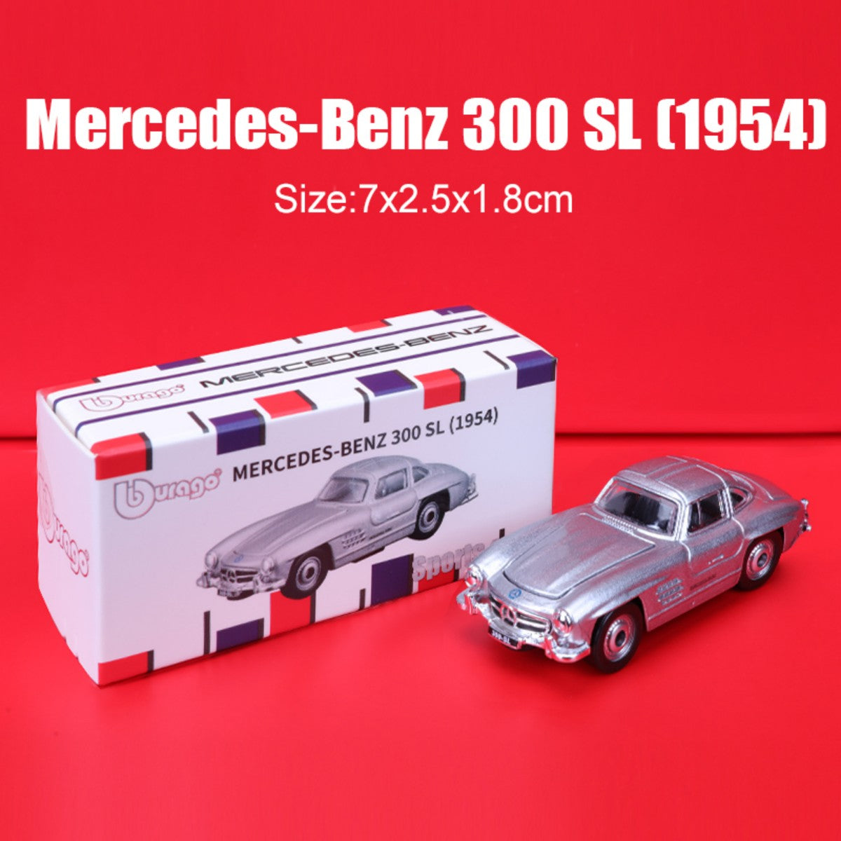 Bburago 1:64 Mercedes-Benz 300 SL (1954) alloy model car in silver with realistic packaging. A classic collectible for vintage car fans.