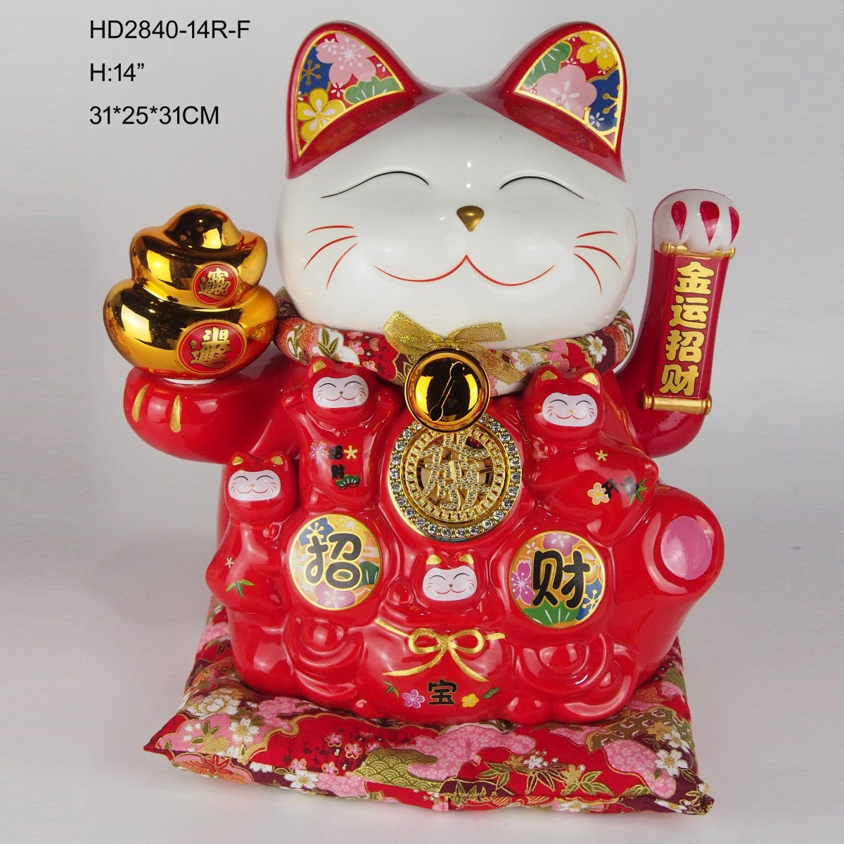Red 14-inch Lucky Cat Figurine with gold ingots and floral ears, seated on red cushion. Decorative action figure for prosperity and charm.