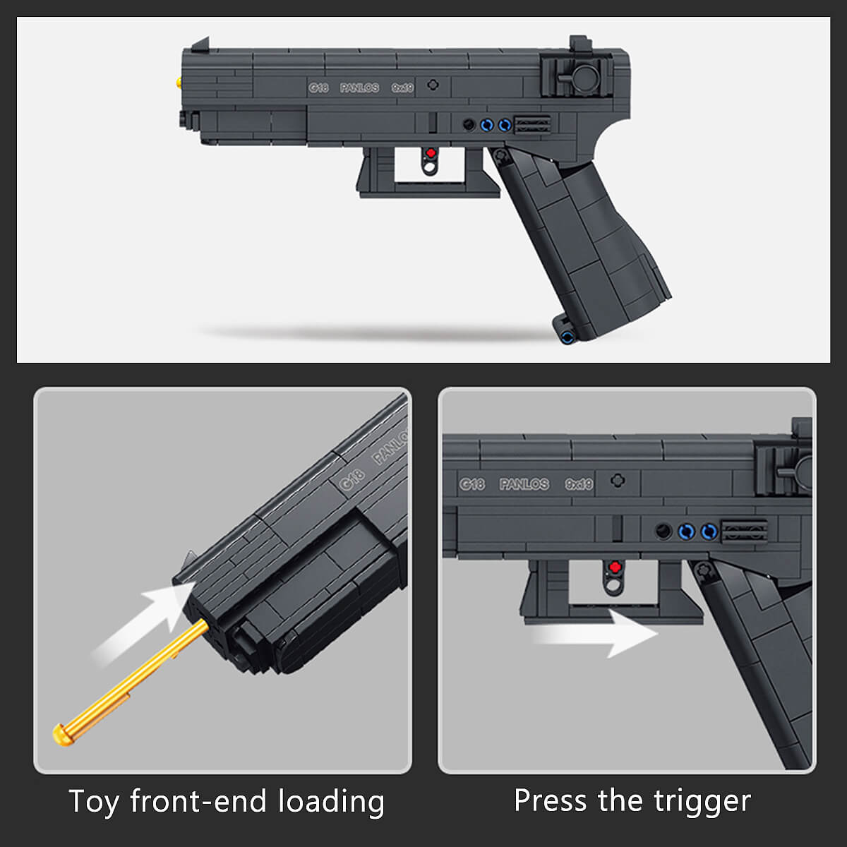 Simulation modeling of the Panlos Brick G18 Building Block Pistol, highlighting realistic design, tight installation, and high playability.