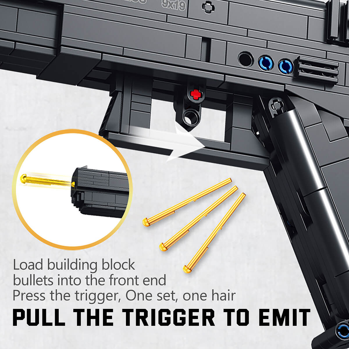 Panlos Brick G18 Building Block Pistol with a working trigger mechanism that releases building block bullets for interactive play.