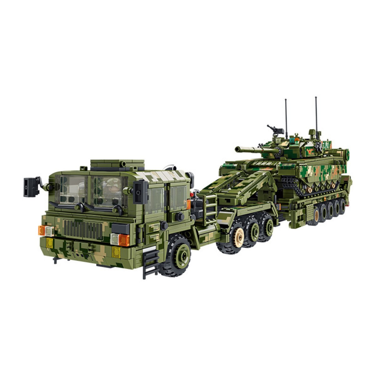 Panlos Brick 688003 99A Tank Transportation set with 2784 pieces, featuring a military transport truck and battle tank in camouflage design.