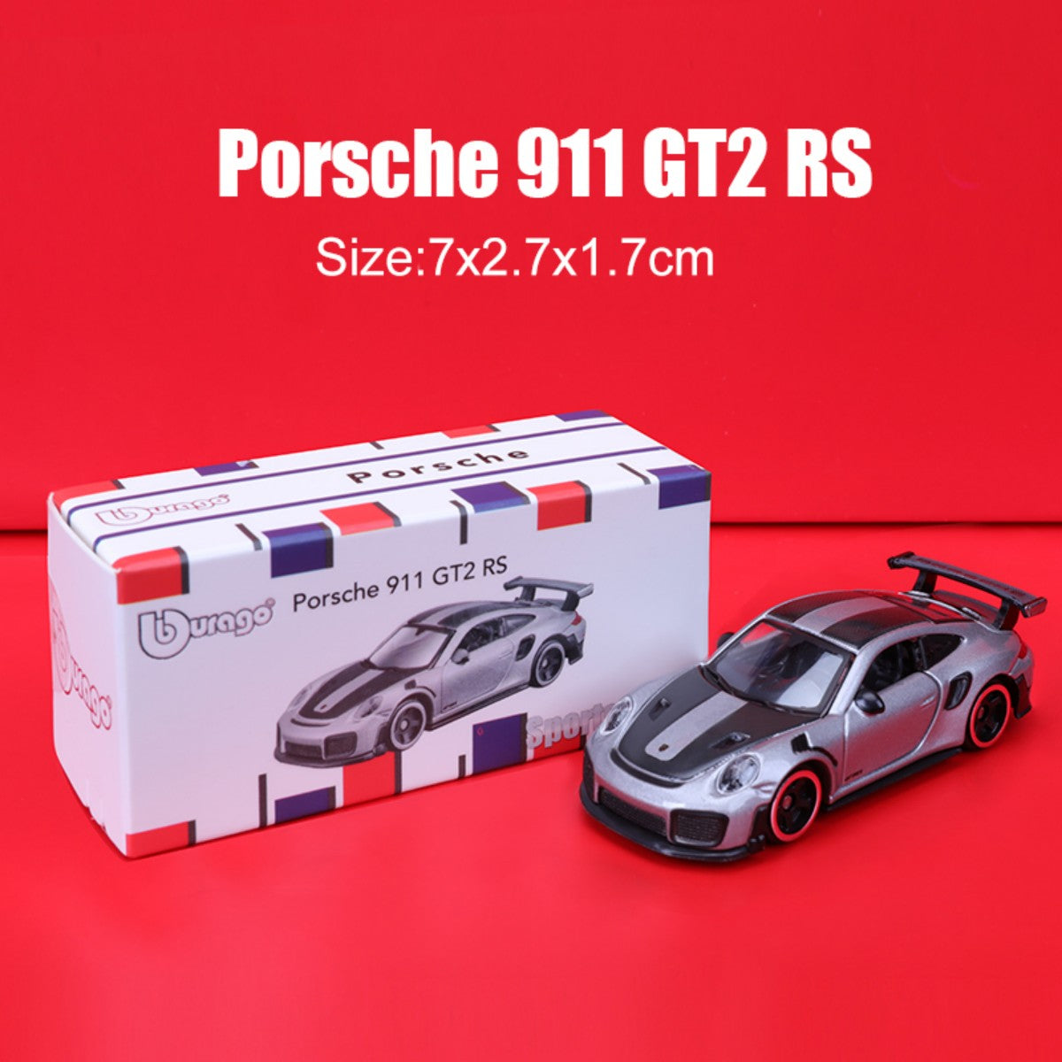 Bburago 1:64 Porsche 911 GT2 RS alloy model car with realistic details and packaging. Perfect for collectors and toy car enthusiasts.