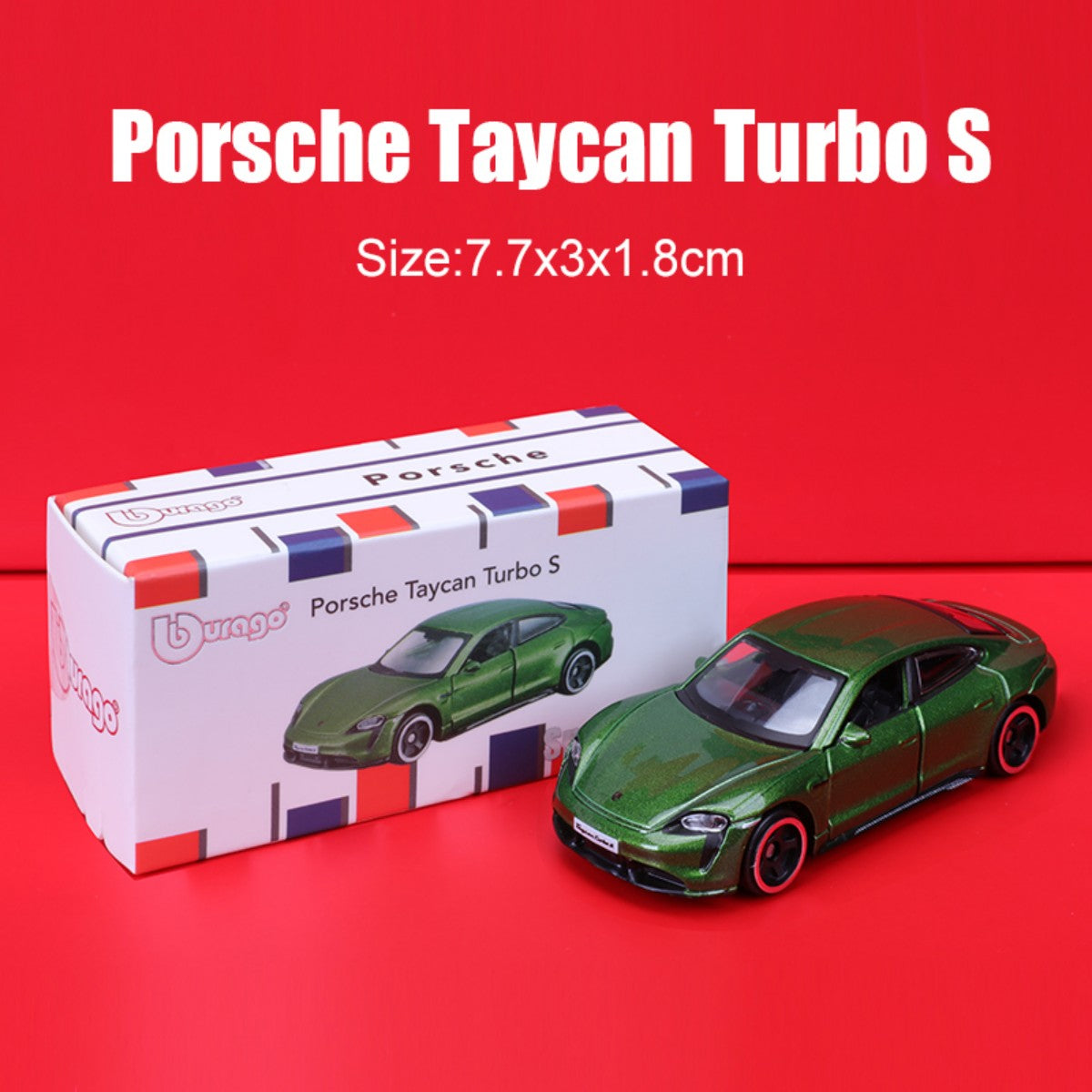 Bburago 1:64 Porsche Taycan Turbo S alloy model car in green with realistic packaging. A must-have collectible for car lovers.